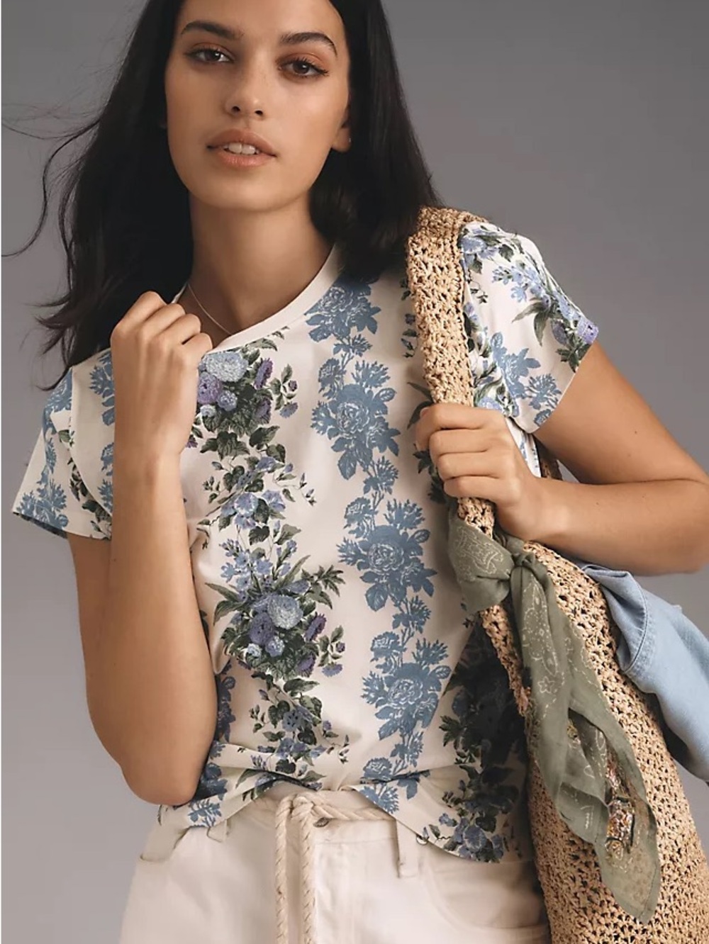 Clare V. Floral Short Sleeve Tee Cream & Blue Small Like New